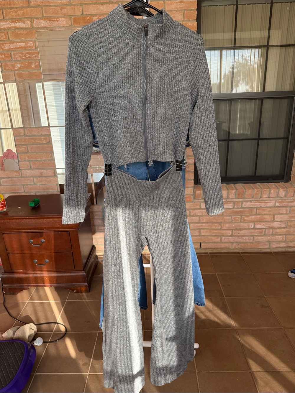 Gray Ribbed Knit Zip Crop Top & Wide-Leg Pants Set